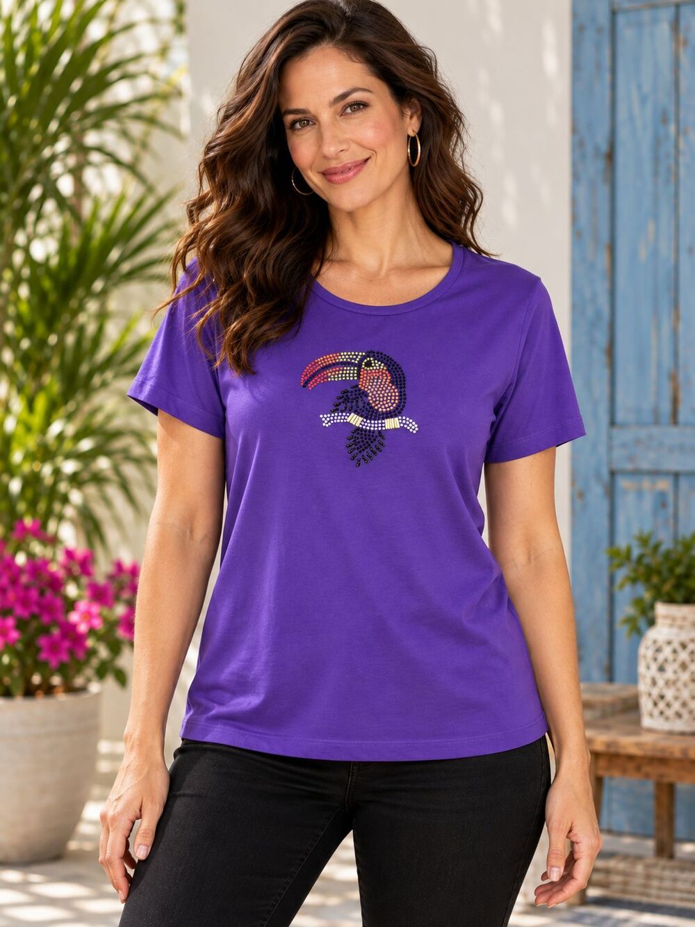 Coral Bay Petite PXL Purple Toucan Rhinestone Embellished Short Sleeve Top Shirt